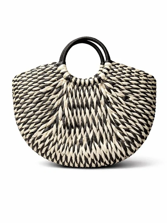 Black Ivory Woven Raffia Tote Bag Boho Coastal Round Handle Anthropologie Style - Picture 2 of 4